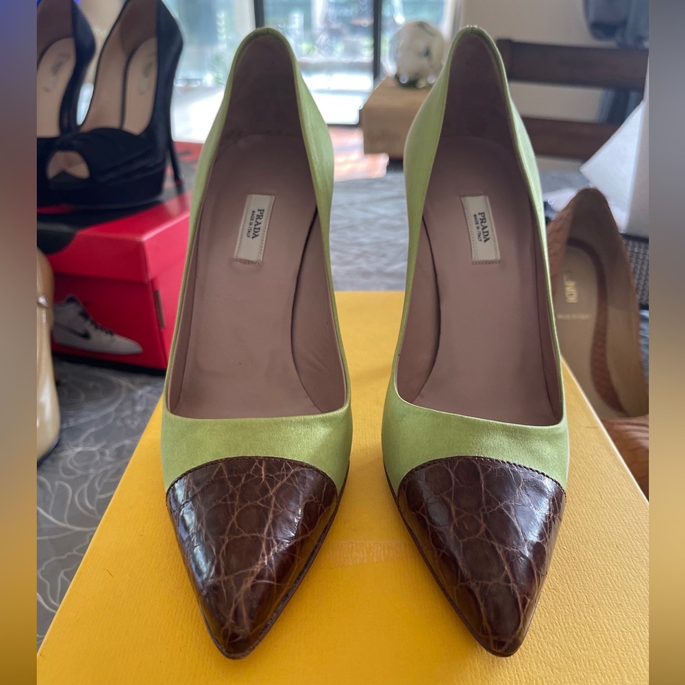 Prada Women’s shoes Green Silk and Leather Croc Toe